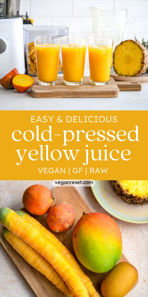 Squeeze out the sunshine 🌞 with this quick & easy Cold-Pressed Yellow Juice Recipe. Packed with fresh, juicy pineapple🍍, creamy mango🥭, sweet yellow carrots 🥕, and earthy golden beets. A zing from ginger makes this juice hydrating, raw vegan and absolutely delicious🍹. Perfect for a healthy start! 💛 High Carb Vegan Recipes, Sugar Free Vegan Recipes, Yellow Juice, Cold Pressed Juice Recipes, Beet Juice Recipe, Fresh Juice Recipes, Easy Juice Recipes, Vegan Juice, Quick Easy Vegan