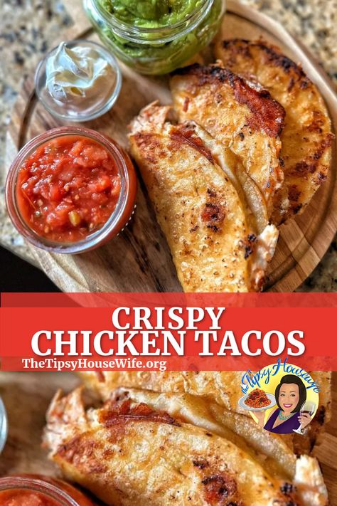 This recipe shows a plate of crispy chicken tacos along with 3 jars of sour cream, guacamole, and red salsa. The brightly colored banner displays the name of the recipe, "Crispy Chicken Tacos." Taco Bell Crispy Chicken Taco, Queso Chicken Tacos Instant Pot, Copycat Cantina Chicken Taco Bell, Chicken Adobo Tacos, Taco Seasoned Chicken Recipes, Chicken Fajita Tacos Easy Recipes, Deep Fried Chicken Tacos, The Best Chicken Tacos, Crispy Chicken Tacos Recipes