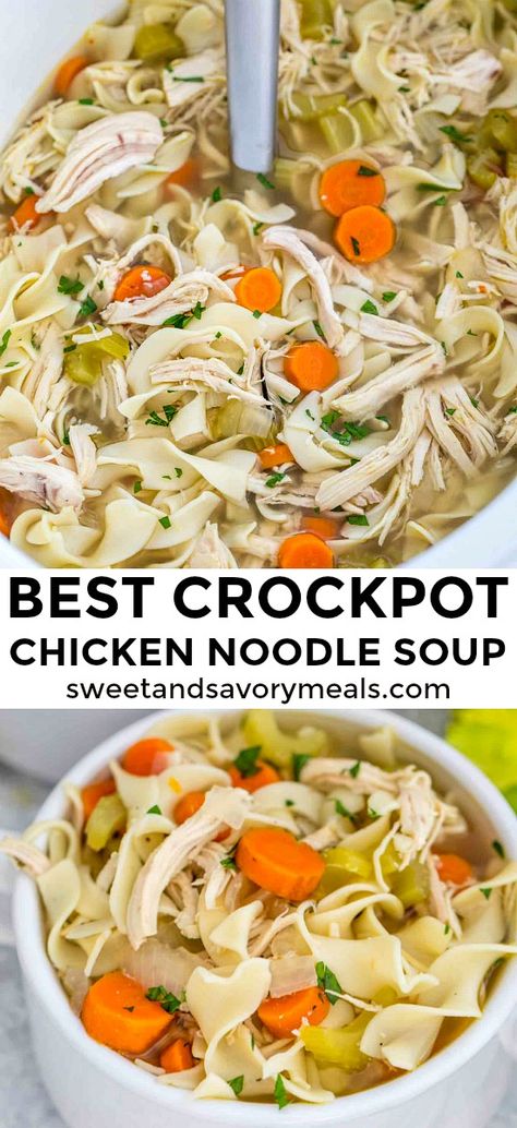 Crockpot Chicken Noodle Soup is soothing, hearty and perfect for cold weather. #chicken #chickennoodlesoup #chickensoup #souprecipe #slowcooker #crockpot #easyrecipe Crockpot Chicken Noodle Soup, Best Crockpot Chicken, Chicken Noodle Soup Crock Pot, Savory Meals, Crock Pot Recipes, Crockpot Soup Recipes, Crockpot Dishes, Crock Pot Soup, Recipes Crockpot