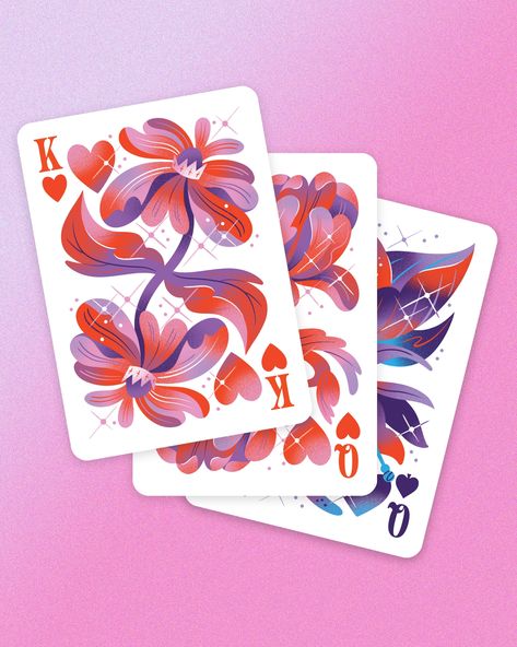 Glittering Flowers Playing Card Deck by Jordan Kay on Dribbble Face Cards Design, Flower Playing Cards, Cute Deck Of Cards, Playing Card Deck Design, Funky Mural, Deck Of Cards Design, Card Deck Design, Playing Card Art, Playing Card Design