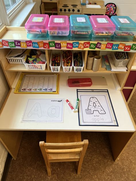 Preschool Interest Areas, Prek Library Center Ideas, Writing Table Preschool Ideas, Home To School Chart Preschool, Prek Classroom Centers, Prek Library Center, Pre Writing Center, Writing Centers Preschool, Classroom Craft Organization