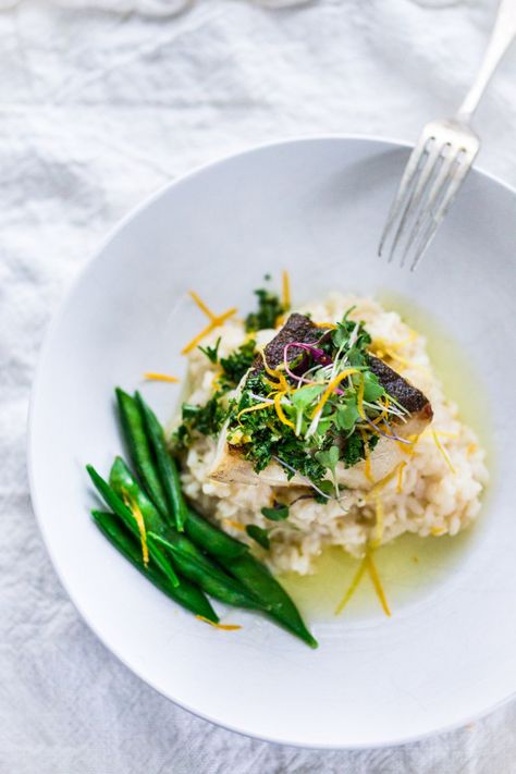 A simple delicious recipe for Seared Black Cod (or halibut, sea bass or scallops) with Meyer Lemon Risotto and Gremolata- a flavorful green herb sauce. | ww.feastingathome.com Lemon Risotto, Feasting At Home, Fish Meals, Seared Fish, Black Cod, Herb Sauce, Cod Recipes, Risotto Recipes, Roasted Asparagus