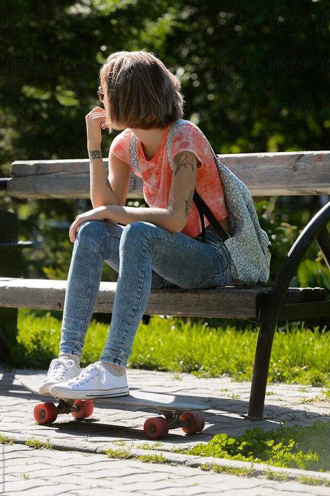 Bench In Park, Calm Person, Bench Drawing, People In Space, Sitting On Bench, Engagement Videos, Another Planet, Figure Reference, Skater Girl