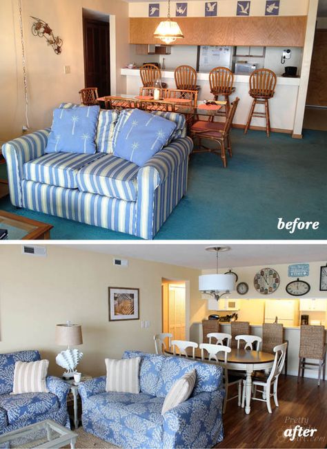 Great interior updates in beach condo. Small Beach Condo Decorating Ideas, Beach Condo Decorating Ideas, Condo Decorating Ideas, Beach Condo Remodel, Beach Condo Decor, Condo Renovation, Topsail Beach, Condo Remodel, Florida Condos