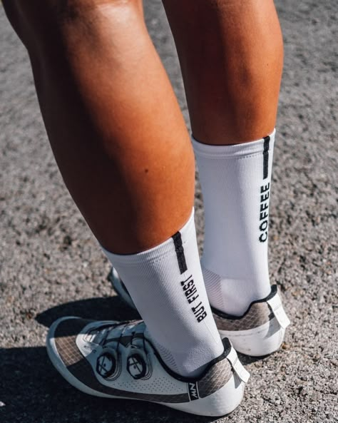 White cycling socks. But first coffee. Cycling Socks Design, Streetwear Brand Logo, Sport Club Logo, Socks Photoshoot, Cheer Socks, Socks Photography, Socks Sport, Bike Socks, Socks Ideas