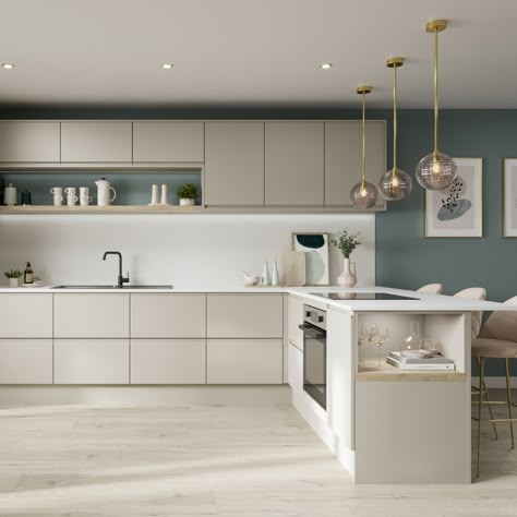 If you are after modern kitchen ideas then check out our Clerkenwell Super Matt Sandstone cream kitchen cabinets. Create a linear kitchen with our light super matt kitchen cabinets. This handleless cream kitchen is the perfect addition to a contemporary home design. Pair with light wooden kitchen flooring and a white compact laminate worktop. Cream Kitchens With White Worktops, White Linear Kitchen, Matt White Kitchen Cabinets, White Matt Kitchen Cabinets, Matt Beige Kitchen, Cream White Kitchen Ideas, Cream Worktops Kitchen, Modern Beige Kitchen Cabinets, Cream Kitchen Units What Colour Walls