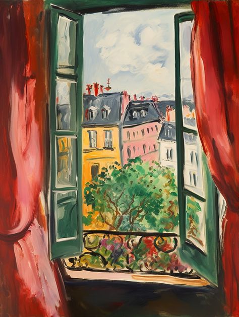 Curtains Painting Art, Cafe Window Painting, Shop Window Art, Paris Window View, Paris Oil Painting, Paris Window, Apartment Window, Painting Paris, Paris Painting