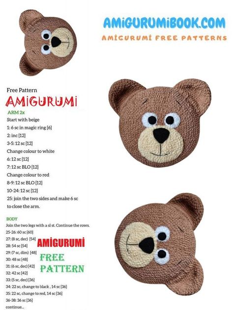 Pillow Bear Amigurumi Free Pattern – Amigurumibook.com Cushion Design Ideas, Animal Pillows Pattern, Bear Amigurumi Free Pattern, Crochet Cushion Covers, Crochet Cushion Pattern, Cushion Designs, Cushion Cover Pattern, Crochet Pig, Bear Amigurumi