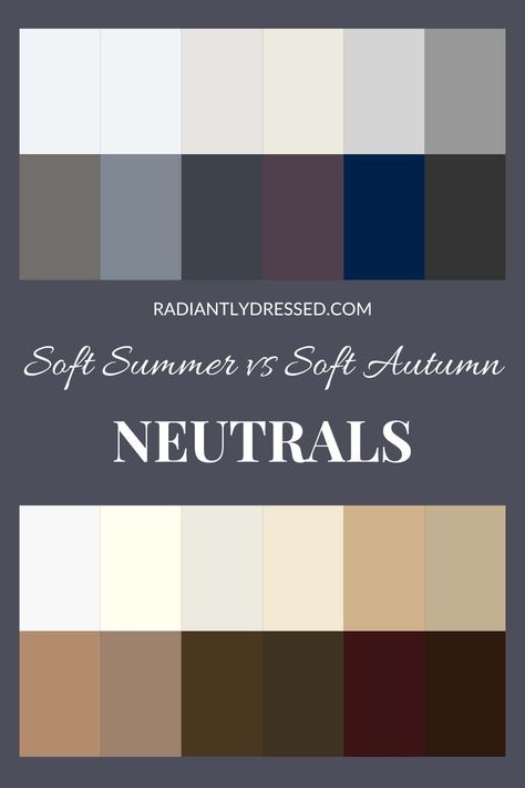 Are you struggling to choose between Soft Summer and Soft Autumn? Discover the subtle nuances between these color seasons in our comprehensive guide. Learn how to identify your season with practical tests and expert tips, enhancing your wardrobe and makeup choices to align perfectly with your natural tones. This article offers essential insights into choosing the right colors that truly reflect and enhance your inherent beauty. Autumn True, Radiantly Dressed, Color Analysis Summer, Soft Autumn Palette, Seasonal Palette, Soft Autumn Color Palette, Soft Summer Palette, Soft Summer Color Palette, Color Seasons