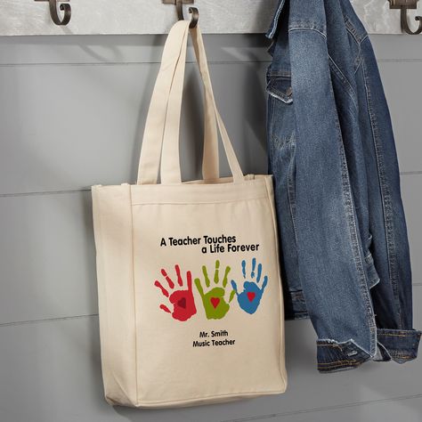 Painting On Tote Bags, Unique Teacher Appreciation Gifts, Teacher Canvas, Personalization Mall, Teacher Tote Bag, Bags Ideas, Hand Prints, Teachers Day Gifts, Teacher Tote