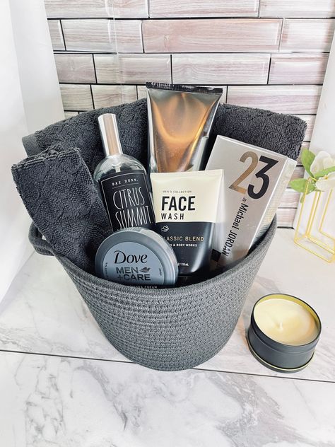 Grey Gift Basket Ideas, Mens Care Package Ideas Gift Baskets, Black Gift Basket Ideas For Him, Burr Basket For Him, Self Care Basket For Men, Anniversary Gift Basket For Him, Goodie Basket For Boyfriend, Boyfriend Gift Basket Just Because, Gift Basket For Dad