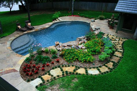 Poolside Garden....I'm liking this pool! Poolside Landscape Ideas Backyards, Poolside Landscaping, Poolside Landscape Ideas, Lake House Patio, Freeform Pools, Tattoo Plant, Swimming Pool Tiles, Pool Landscape Design, Natural Swimming Pools