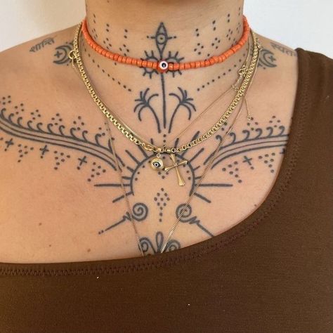 Boho Neck Tattoo, Ornamental Chest Tattoo, Arm Cuff Tattoo, Chest Neck Tattoo, Orange Choker, Choker Tattoo, Ornament Tattoo, Tattoo On Neck, Ethnic Tattoo