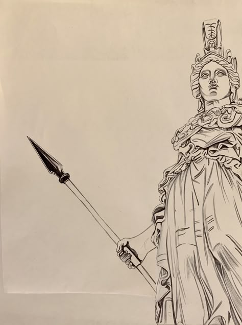 Athena Art Mythology, Athena Statue Drawing, Athena Nike Tattoo, Athena Sculpture Tattoo, Alexander The Great Drawing, Athena Drawing Greek Mythology, Italian Statue Tattoo, Athena Art Drawing, Athena Artwork