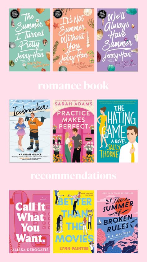 romance book recommendations
the hating game
the summer i turned pretty
we’ll always have summer
it’s not summer without you
 ice breaker
practice makes perfect
call it what you want
better than the movies
the summer of broken rules
jenny han 
hannah grace
summer books
love books Romance Book Recommendations, Young Adult Romance Novels, Adult Romance Novels, Best Books For Teens, Book Reading Journal, Library Aesthetic, Teen Romance Books, Top Books To Read, Top Books