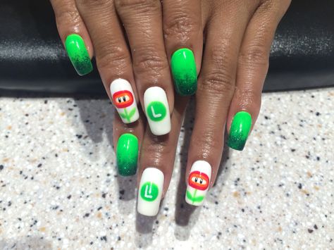 Nail art Mario and Luigi Mario And Luigi Nails, Luigi Nails, Super Mario Nails, Mario And Luigi Halloween, Mario Nails, Nail Aesthetic, Long Acrylic, Long Acrylic Nails Coffin, Cute Gel Nails