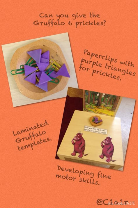 Adding purple prickles to the Gruffalo! Activity can be used to support maths and fine motor skills. Gruffalo Maths Activities, Gruffalo Activities Eyfs, The Gruffalo Activities, Gruffalo Eyfs, Gruffalo Activities, Story Sacks, Finger Gym, Gruffalo's Child, Funky Fingers