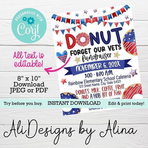 Donut forget our vets, Donut fundraiser, Verterans Day, printable flyer, PTA PTO event, Donut sale, 4th of July, Donut donations, Printable by AliDesignsByAlina on Etsy Veterans Day Pto, Veteran Fundraising Ideas, Parent Involvement Activities, Event Program, Electronic Invitations, Veterans Day, Easy Projects, Flyer Template, Etsy Printables