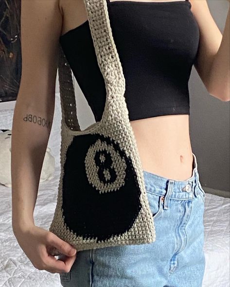 Diy Cardigan, Eight Ball, White Crochet Top, Crochet Bag Pattern Free, Goth Look, Handmade Knit, Crochet Fashion Patterns, Aesthetic Y2k, Crochet Tote Bag