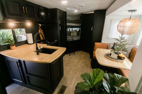 Black Cabinets In Camper, Dark Camper Interior, Black Camper Interior, Boho Trailer, Green Interior Paint, Rv Decorating, Camper Redo, Glamper Camper, Camper Reno