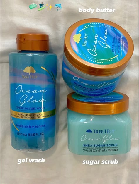 How To Smell Like Ocean, Blue Self Care Aesthetic, Tree Hut Ocean Glow, Native Body Wash Aesthetic, Ocean Glow Tree Hut, Tree Hut Body Scrub Collection Aesthetic, Body Wash Combo, Bath And Body Care Scrub & Exfoliant, Body Scrub Aesthetic