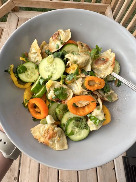 Viral Dumpling Salad — Christie's lovestory Potsticker Salad, Dumpling Salad, Vegan Dumplings, Chili Crisp, Frozen Dumplings, Pork Dumpling, Summer Side Dishes, Summer Dinner, How To Make Salad