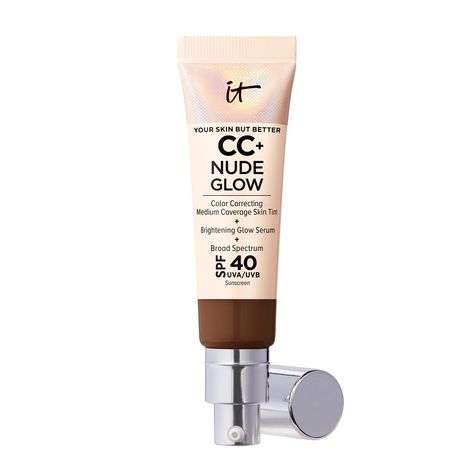 "CC+ Nude Glow Lightweight Foundation + Brightening Glow Serum with SPF 40 is the next generation of color-correcting foundation from IT Cosmetics! Our 90% skincare formula with 2% niacinamide, hyaluronic acid and green tea extract delivers an instant healthy glow with 24 hours of skin hydration. The lightweight, fluid skin tint texture provides buildable medium coverage—perfect for achieving that no-makeup makeup look. You’ll get the look of glowy skin instantly, and in just 4 weeks, this clini Color Correcting Cream, Lightweight Foundation, Tinted Spf, Glow Serum, Perfect Complexion, It Cosmetics, Moisturizer With Spf, Improve Skin Texture, Facial Cream