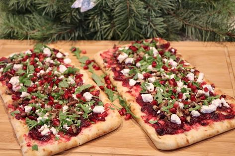 Mennonite Girls Can Cook: Roasted Cranberry and Goat Cheese Flatbread Flatbread Appetizers, Goat Cheese Flatbread, Goats Cheese Flatbread, Mennonite Girls Can Cook, Mennonite Recipes, Brunch Cake, Cheese Flatbread, Cranberry Cheese, Bread Salad