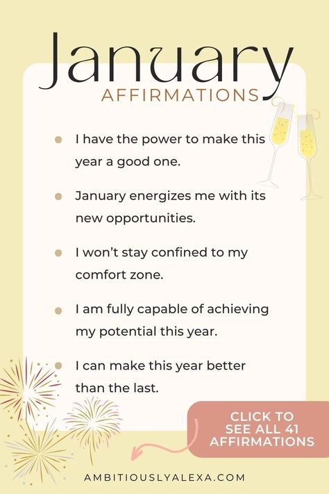 I have the power to make this year a good one. January energizes me with its new opportunities. I won’t stay confined to my comfort zone. I prioritize gathering new experiences. January brings me all sorts of new blessings. I have the ability to start my year off in a positive way. I can make Bullet Journal Affirmations, January Quotes Inspirational, January Affirmations, New Month Affirmations, Month Affirmations, Monthly Affirmations, 2023 Affirmations, Wallpaper January, Coaching Exercises