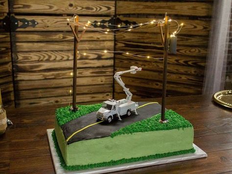 Lineman Retirement Party Ideas, Lineman Birthday Cake, Lineman Birthday Party, Lineman Grooms Cake, Lineman Retirement Cake, Electrician Graduation Party Ideas, Grooms Cake Lineman, Lineman Party, Lineman Cake