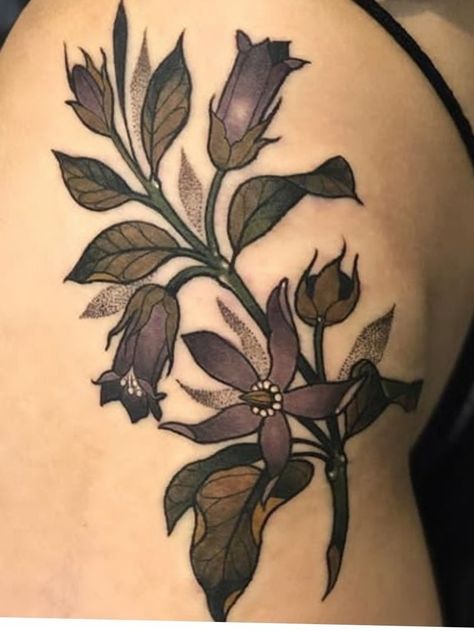 A deep purple tattoo of the belladonna flower Belladonna Tattoo, Belladonna Flower, Nightshade Flower, Scandinavian Tattoo, Emo Tattoos, Purple Tattoos, Tattoo Now, Plant Tattoo, Spooky Tattoos