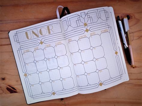 Art Deco Calendar, Art Deco Bujo, Art Deco Bullet Journal, 2025 Journaling, Journal Brain Dump, Bulette Journal, Planer Ideas, Monthly Bujo, 2023 Bullet Journal