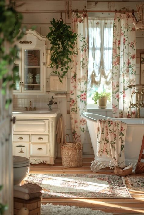 29 Boho Bathroom Ideas for a Chic and Relaxing Space 26 Bathroom Decor Floral, Rustic Boho Bathroom, Cottage Core Bathroom, Cottage Style Bathrooms, Glamorous Bathroom, Boho Bathroom Ideas, Floral Wallpapers, Cottagecore Home, Flower House