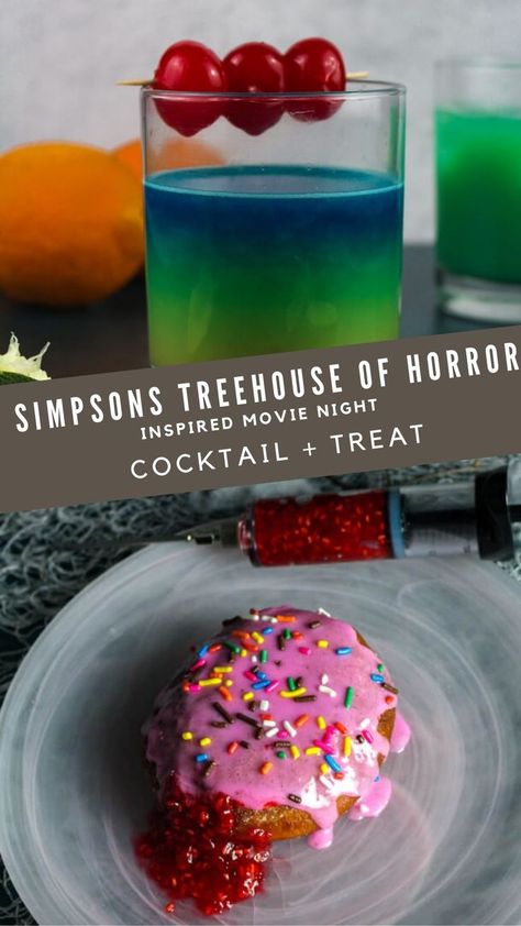 the simpsons treehouse of horror recipes for halloween movie night | pink raspberry donut \ orange juice margarita recipe Horror Movie Inspired Recipes, Halloween Movie Night Dinner Ideas, Simpsons Recipes, Movie Night Party Food, Simpsons Food, Movie Inspired Recipes, Halloween Movie Night Party, The Simpsons Treehouse Of Horror, Movie Recipes