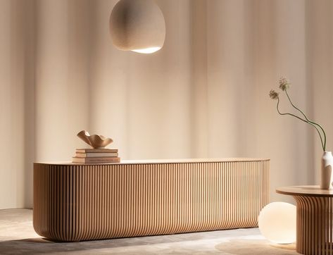 Linear collection — Antrei Hartikainen Fluted Reception Desk, Minimalistic Reception, Lawyer Office Design, Reception Table Design, Reception Desk Design, Modern Reception, Office Fit Out, Furniture Details Design, Showroom Interior Design