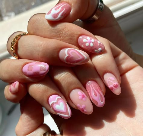 Miss Match Nails, Pink Nails Ideas Long, Match Nails, Almond Blue Nails, Nails Ideas Long, Pink Nails Gel, Nails Gel White, Red Nails Acrylic Square, Wine Red Nails Acrylic