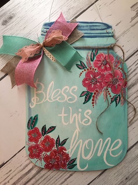 Mason Jar Cutouts Ideas, Mason Jar Lids Crafts, Mason Jar Hanger, Spring Door Hangers, Wooden Jar, Diy Door Hangers, Mason Jar Door Hanger, Mason Jar Sign, Jar Flowers