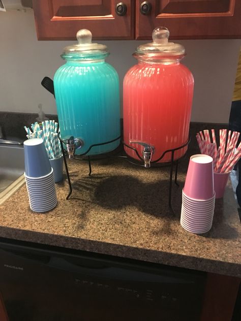 Gender Reveal Alcoholic Drink Ideas, Pink And Blue Juice Gender Reveal, Pink And Blue Lemonade Gender Reveal, Pink And Blue Party Decor, Snack Ideas For Gender Reveal Party, Pink Blue Birthday Party, Pink And Blue Food Ideas, Blue And Pink Drinks Gender Reveal, Pink And Blue Party Food