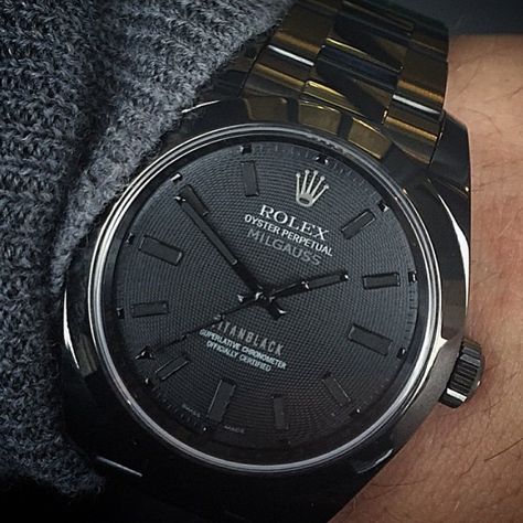 "Titan Black Rolex Milgauss - cc: @LuxuryLifestyleMagazine Photo @TitanBlackOut" Photo taken by @_thewatchgallery_ on Instagram, pinned via the InstaPin iOS App! http://www.instapinapp.com (02/02/2015) Rolex Diamond Watch, Black Rolex, Rolex Milgauss, Rolex Diamond, Men Stuff, Rolex Watch, Rolex Oyster Perpetual, Rolex Oyster, Oyster Perpetual