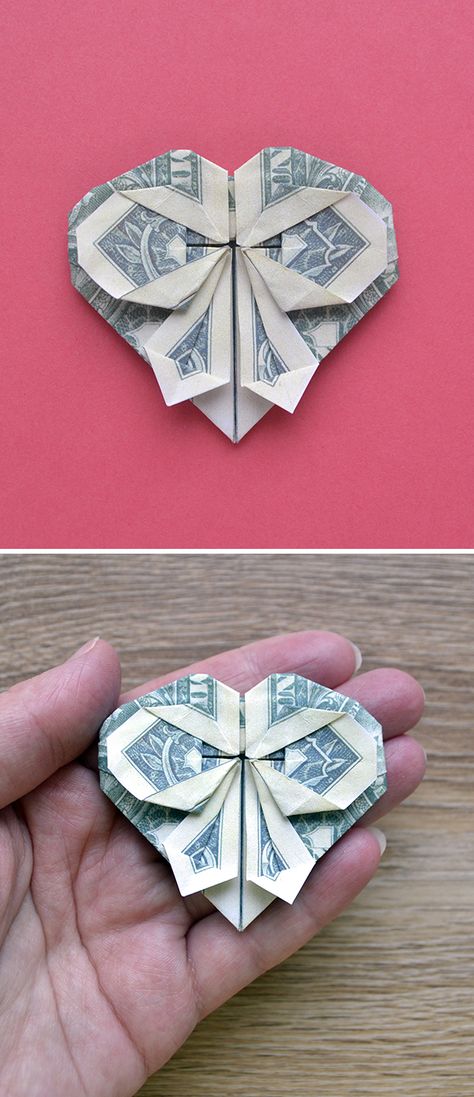 The money heart with the bow is a great origami and gift for Valentine's day! We need only one dollar bill. Without using glue or tape. The idea and design by Phong Tran Origami. The link on the tutorial https://youtu.be/oludmAo-JVM I wish you a pleasant viewing! Subscribe to my channel! Money Heart Tutorial, Money Heart, Money Folding, Money Dollar, Folding Money, One Dollar Bill, Dollar Origami, Dollar Bill Origami, Money Gifts