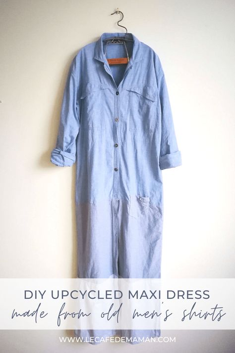 Upcycled Shirt Dress, Dress Into Two Piece Diy, Maxi Shirt Dress Outfit, Diy Dress From Mens Shirt, Upcycle A Mans Shirt, Men’s Shirt Into Dress, Girls Dress From Mens Shirt Diy, Men’s Dress Shirt Refashion, Shirt Upcycle Diy