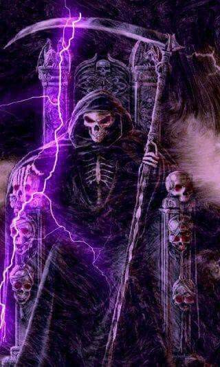 Purple Grim Reaper, Skeleton Reaper, Purple Skeleton, Don't Fear The Reaper, Grim Reaper Tattoo, Purple Lightning, Reaper Tattoo, Grim Reaper Art, Heavy Metal Art