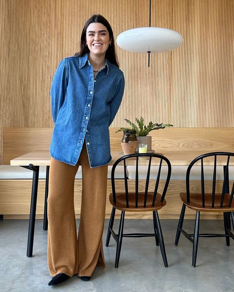 Five 'Jean-Free' Outfit Formulas - by Anna Newton Long Button Down Shirt Outfit, Shirt With Knitted Vest, Anna Newton, Copenhagen Street Style Summer, Jenna Lyons Style, Camel Outfit, Knitted Trousers, Copenhagen Street Style, Simple Casual Outfits