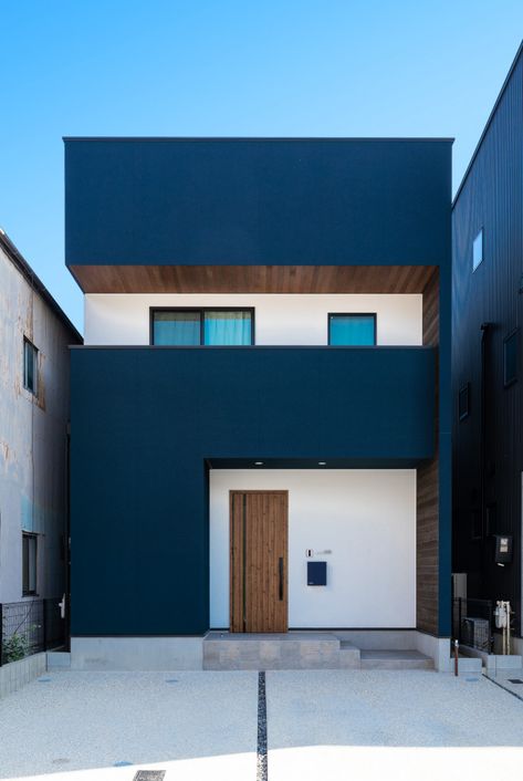 Navy Blue Exterior House Colors, Navy House Exterior, Japanese House Exterior, Blue House Exterior, Navy House, Navy Houses, Modern Bungalow Exterior, House Redesign, Roof Architecture