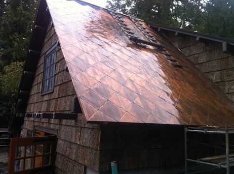 Copper Roof House, Bark Siding, Copper In Architecture, Mission Style Homes, Zinc Roof, House Architecture Styles, Alternative Living, House Roof Design, Copper Roof