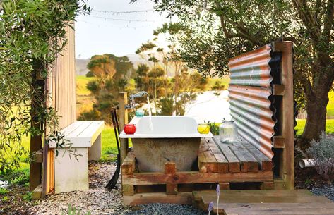 Outdoor bath inspo: Why an outdoor bath can be an affordable, quieter alternative to a spa Outdoor Bathtub Ideas, Outdoor Bath House, Zen Courtyard, Outside Bathtub, Fancy Fence, Tall Potted Plants, Permanent Gazebo, Marble Tub, The Light Between Oceans