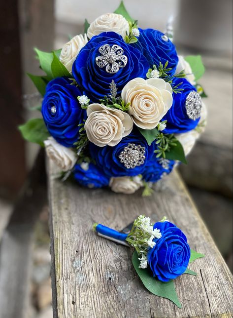 Sola Wood Flowers with Royal Blue and Cream Roses Royal Blue Boutonniere, Blue Boutonniere, Wood Flower Bouquet, Wood Flowers, Cream Roses, Boutonniere, Flowers Bouquet, Bouquets, Royal Blue