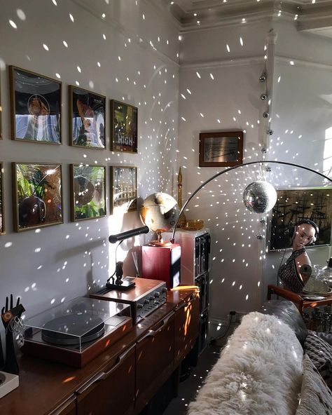 Marie McD on Instagram: “Beautiful sunshine today. Hung our disco ball up here last night to remind me to clean it today and opened the door to an amazing light…” Living Room With Disco Ball, Disco Themed Apartment, Disco Ball Apartment Aesthetic, Apartment Disco Ball, Disco Balls Bedroom, Disco Ball In Apartment, Disco Ball In House, Dorm Disco Ball, Bedroom With Disco Ball