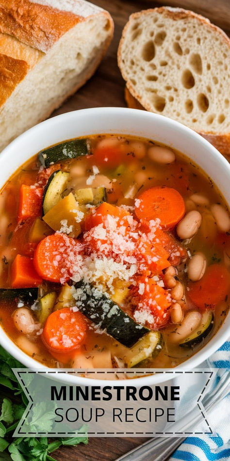 This Minestrone Soup is a hearty, vegetable-packed classic! Full of fresh veggies, pasta, and beans in a savory tomato broth, it’s a delicious, wholesome meal perfect for any day. Homemade Minestrone Soup, Crockpot Minestrone Soup, Classic Minestrone Soup Recipe, Crockpot Minestrone, Pasta And Beans, Veggies Pasta, Minestrone Soup Recipe, Tomato Broth, Minestrone Soup