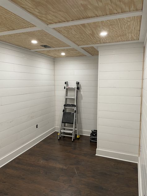 Shiplap Basement Ceiling, Shiplap Basement Walls, Dropped Ceiling Ideas, Basement Shiplap, Shiplap Basement, Farmhouse Basement, Narrow Hallway Decor, House Flips, Low Ceiling Basement